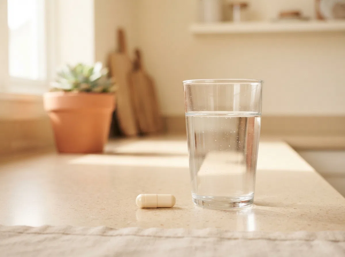 Velis capsule with a glass of water during mealtime